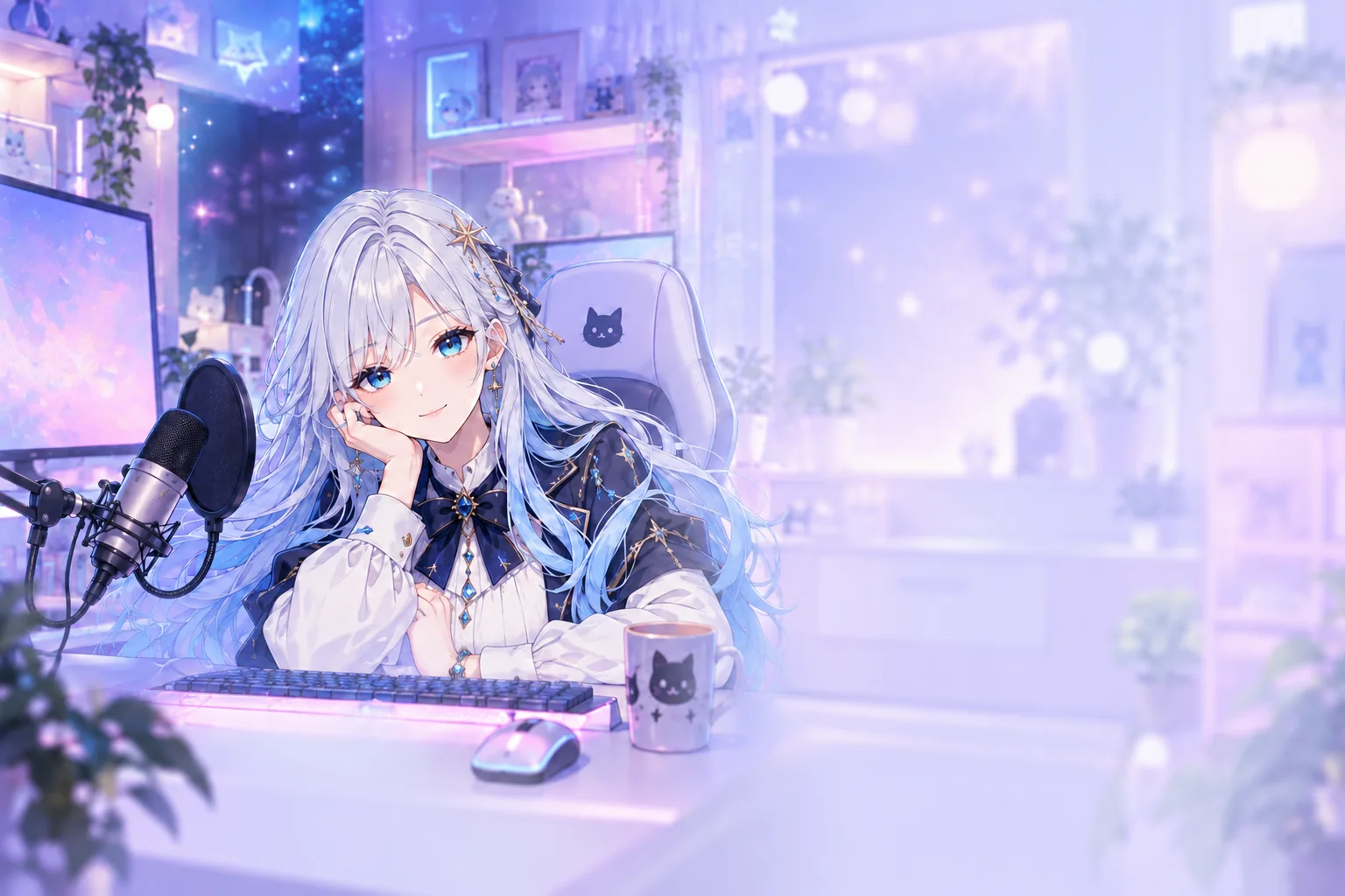 Aster, personaje de ejemplo de cabello plateado, ojos verdeazulados, adorno de estrella y ropa azul marino y dorada