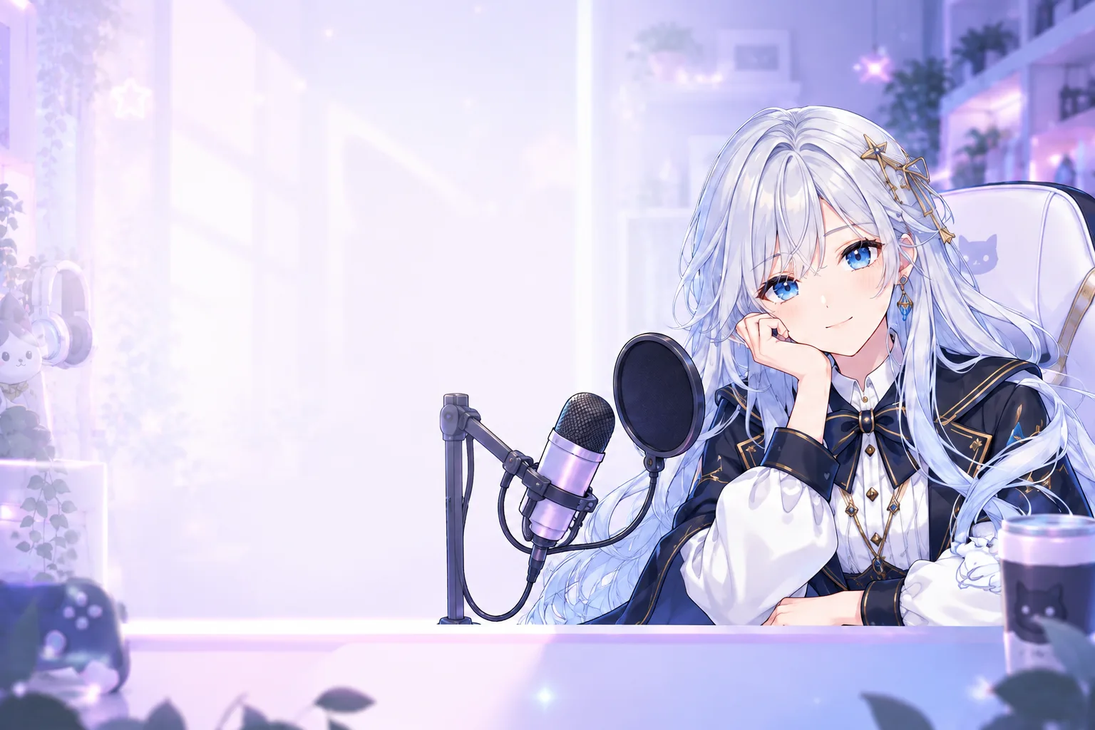 Aster, personaje de ejemplo de cabello plateado, ojos verdeazulados, adorno de estrella y ropa azul marino y dorada