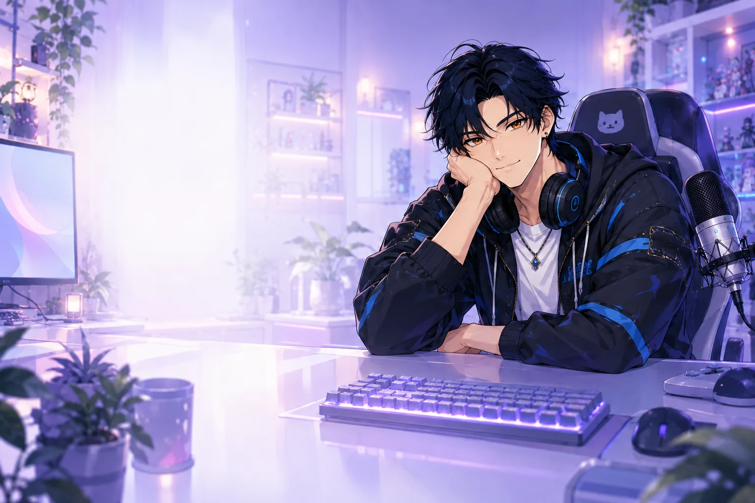 Male sample character with black hair, amber eyes and a navy and black outfit